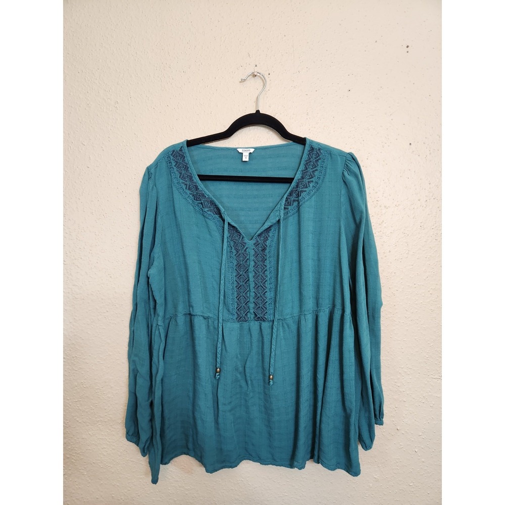 Sonoma Womens 1X Teal Green Peasant Blouse Embroidered Boho Babydoll Top